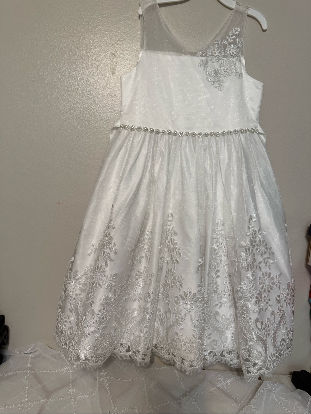 Priscilla of Boston White Formal Girls' Embroidered Dress with Beaded Waist